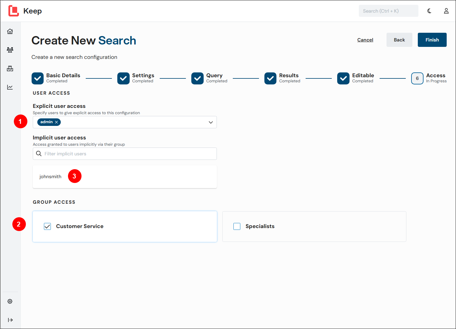 The User Access page of the Create New Search process.